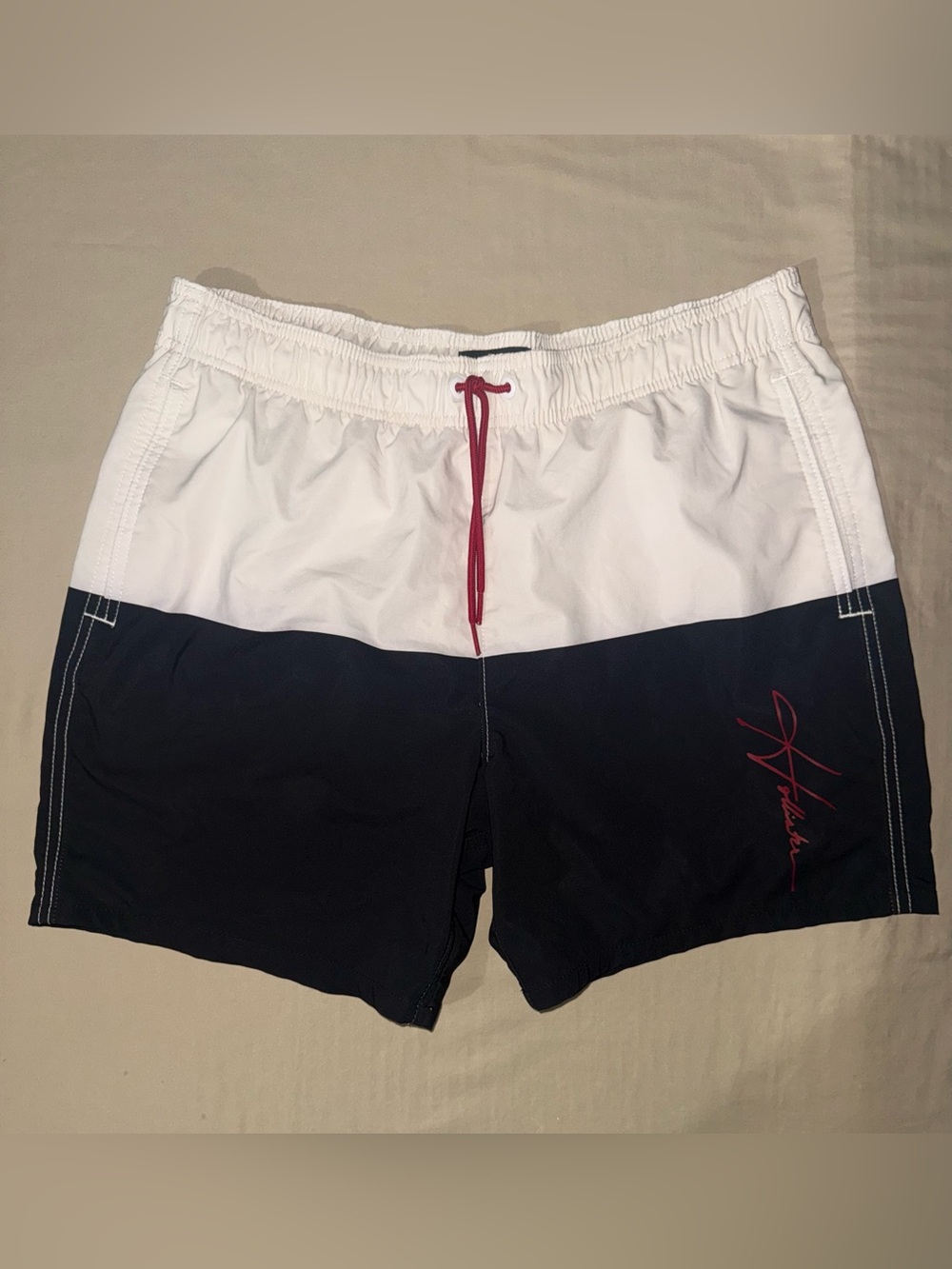 Hollister White & Navy Colorblock Swim Trunks with Red Drawcord